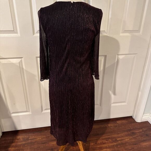 Womens Sz 6 Burgundy Metallic Sheath Dress Draped Overlay Party Elegant Evening - Picture 7 of 16
